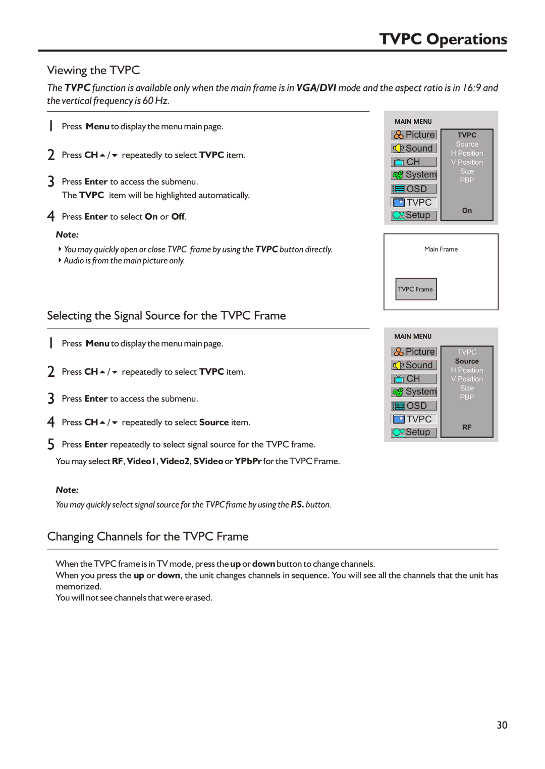 Audiovox FPE3205 manual Tvpc Operations, Viewing the Tvpc, Selecting the Signal Source for the Tvpc Frame 