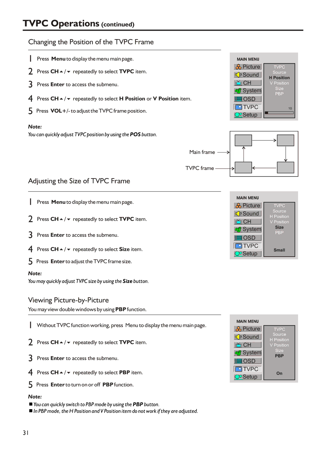 Audiovox FPE3205 Changing the Position of the Tvpc Frame, Adjusting the Size of Tvpc Frame, Viewing Picture-by-Picture 