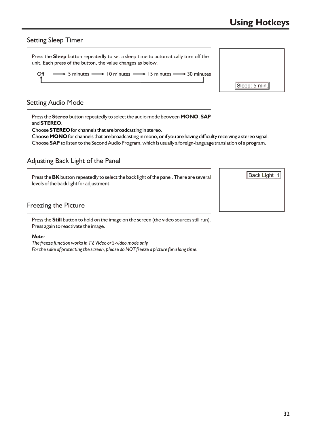 Audiovox FPE3205 manual Using Hotkeys, Setting Sleep Timer, Setting Audio Mode, Adjusting Back Light of the Panel 