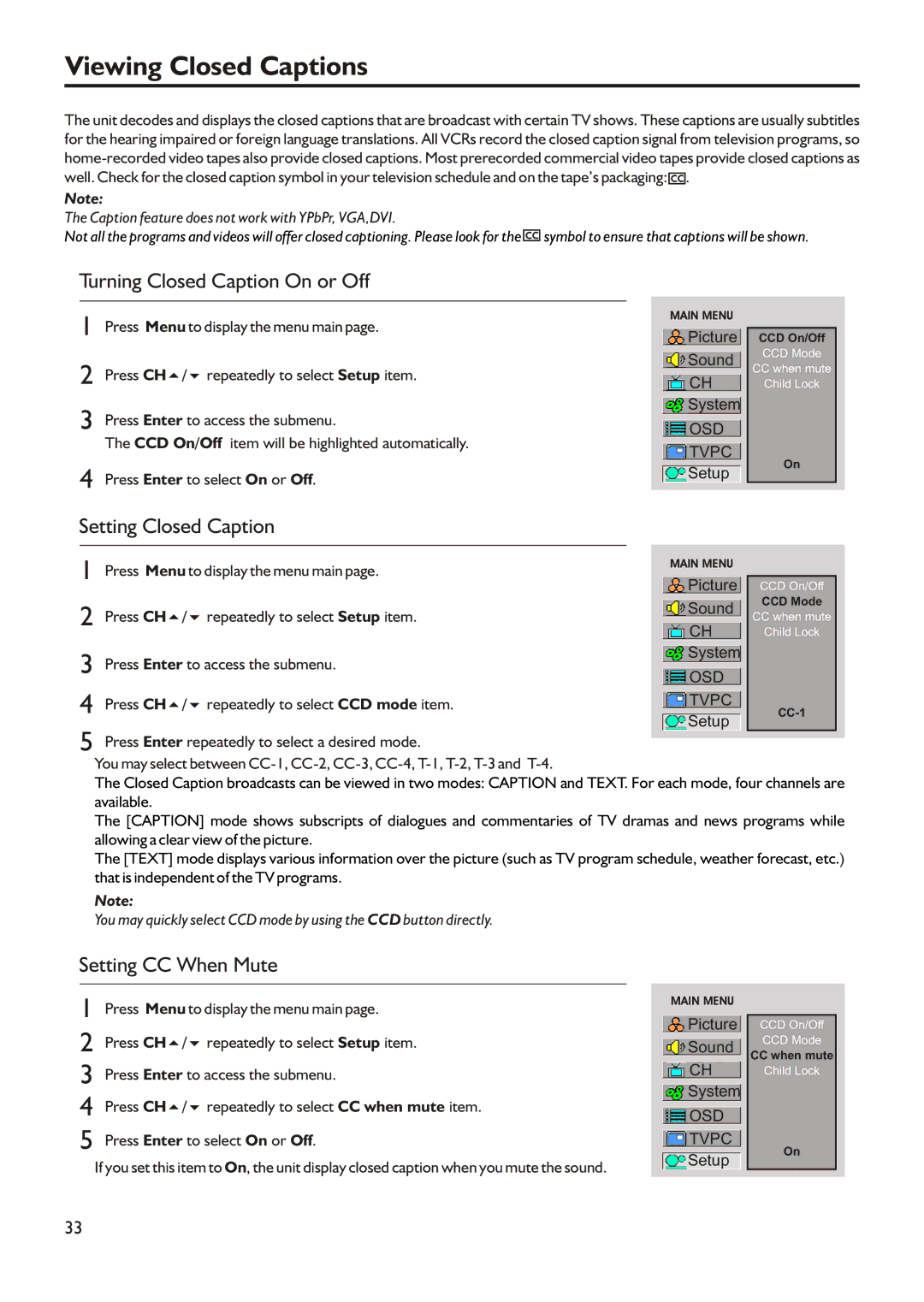 Audiovox FPE3205 Viewing Closed Captions, Turning Closed Caption On or Off, Setting Closed Caption, Setting CC When Mute 