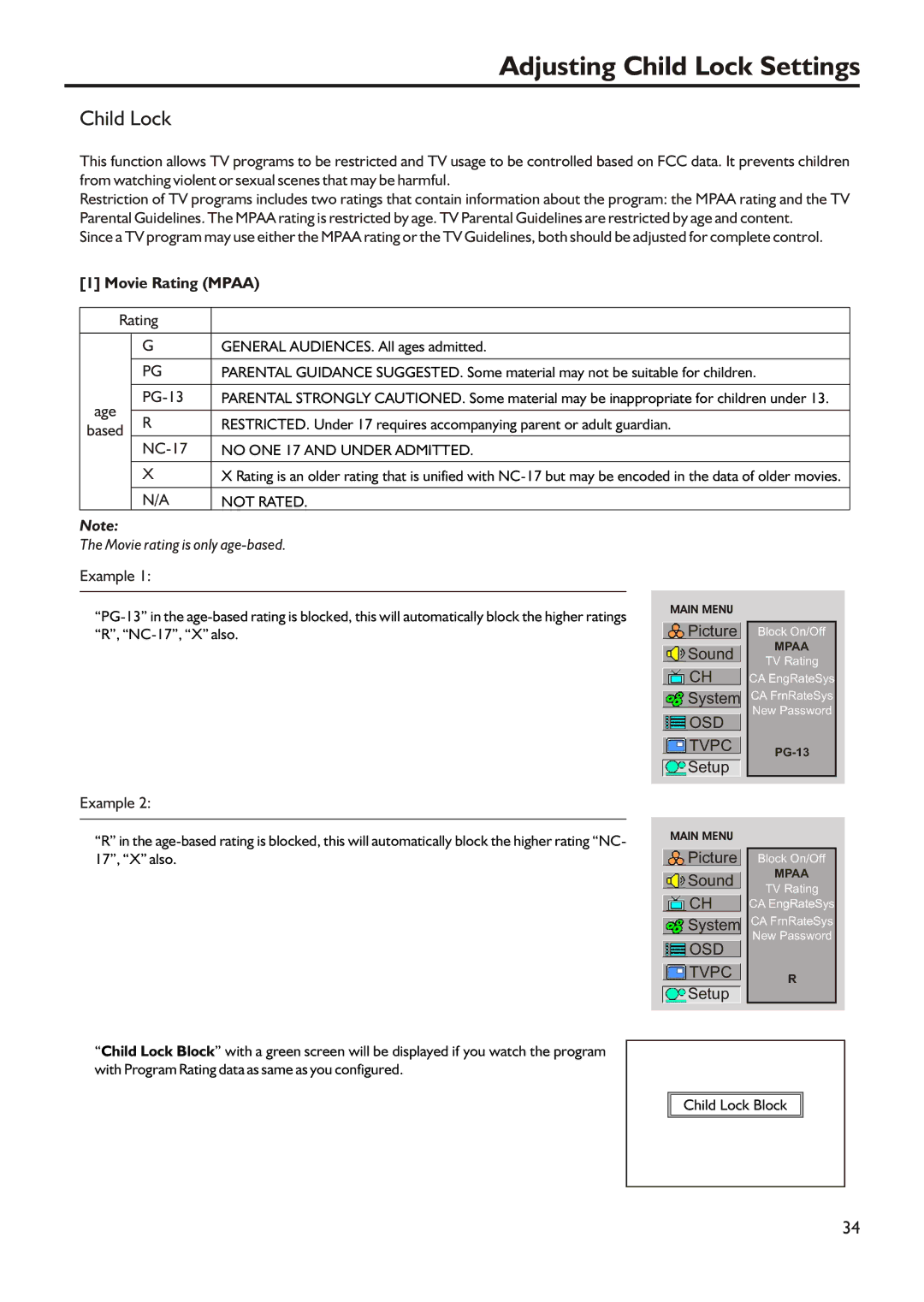 Audiovox FPE3205 manual Adjusting Child Lock Settings, Movie Rating Mpaa 