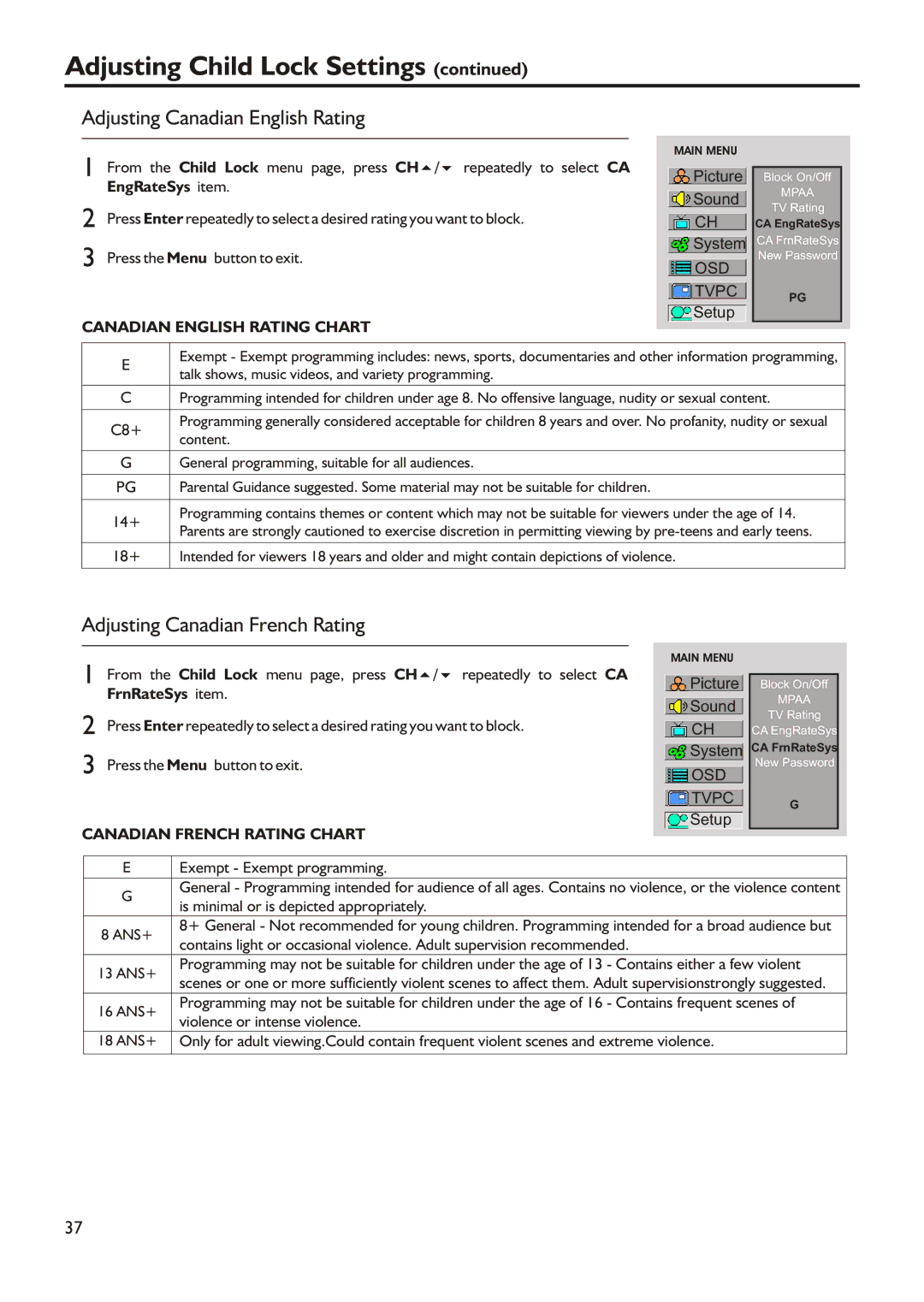 Audiovox FPE3205 Adjusting Canadian English Rating, Adjusting Canadian French Rating, EngRateSys item, FrnRateSys item 