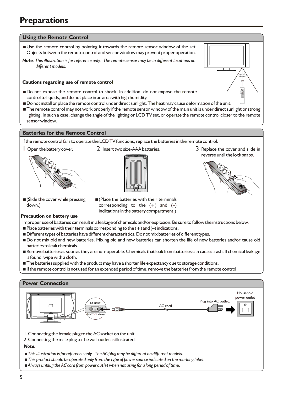 Audiovox FPE3205 manual Preparations, Using the Remote Control, Batteries for the Remote Control, Power Connection 