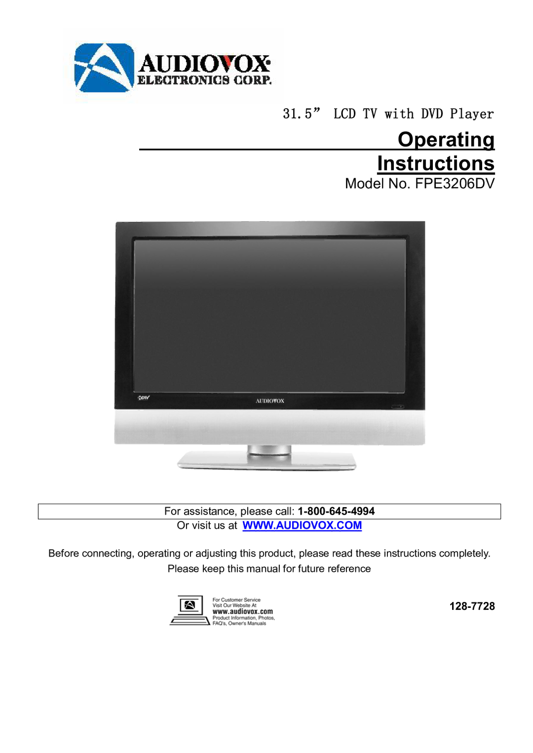 Audiovox FPE3206DV manual Operating Instructions 