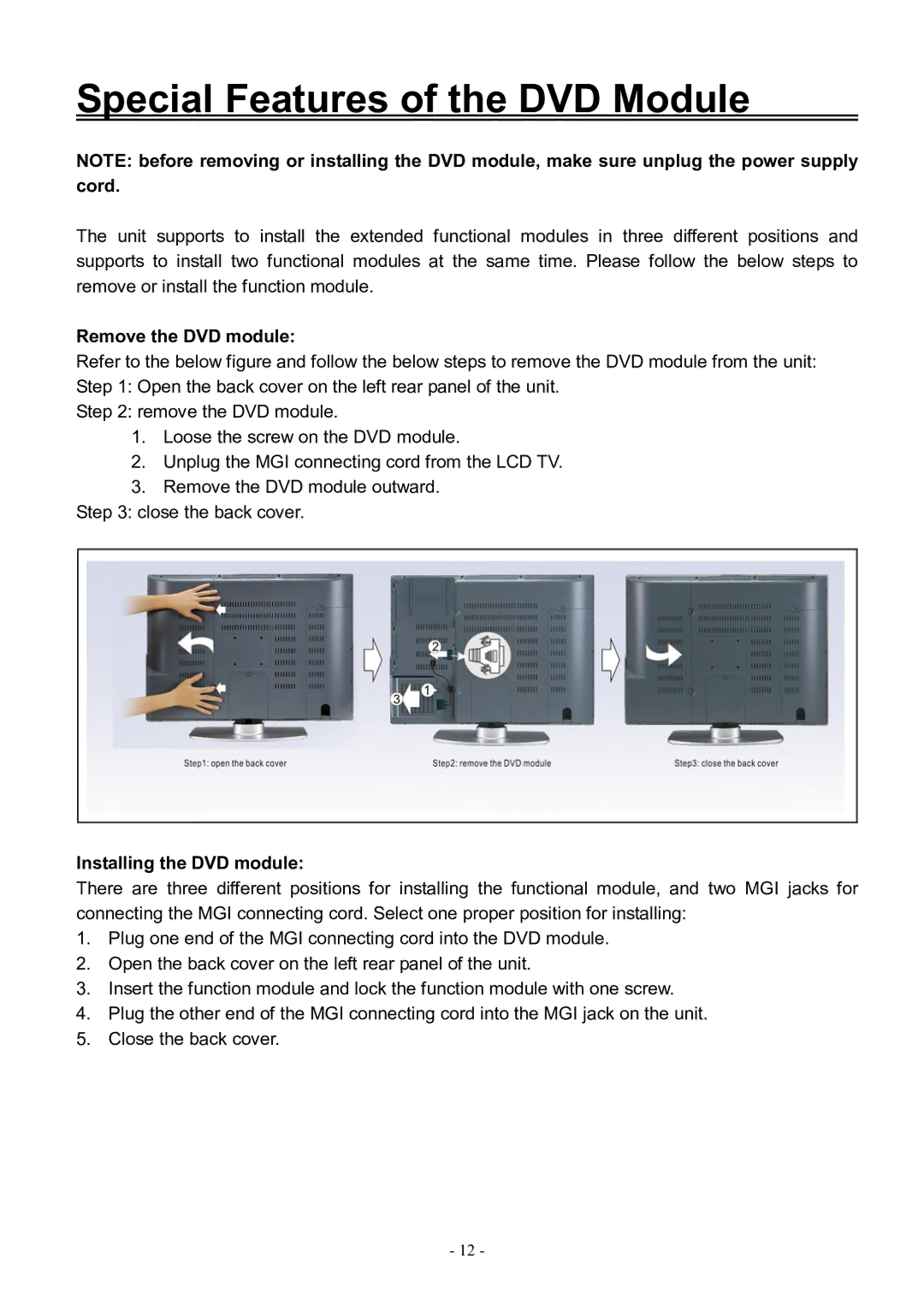 Audiovox FPE3206DV manual Special Features of the DVD Module, Remove the DVD module, Installing the DVD module 