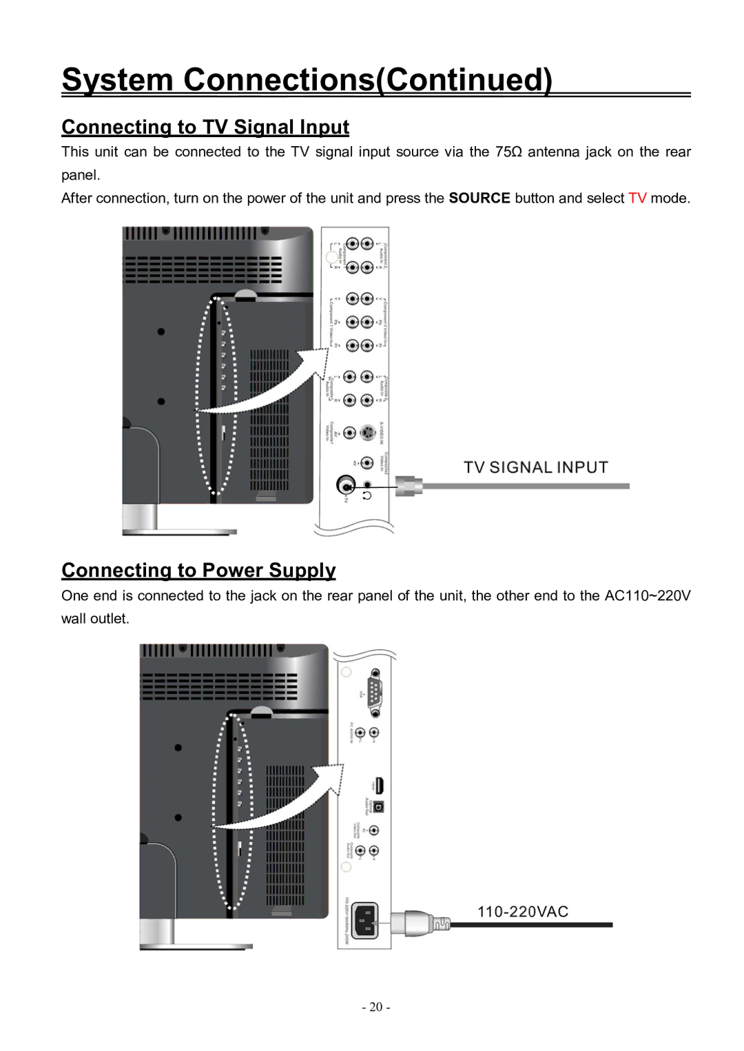 Audiovox FPE3206DV manual Connecting to TV Signal Input, Connecting to Power Supply 