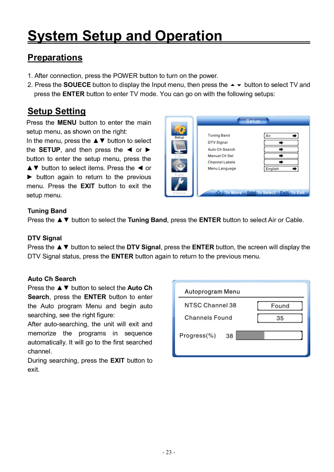 Audiovox FPE3206DV manual System Setup and Operation, Preparations, Setup Setting 