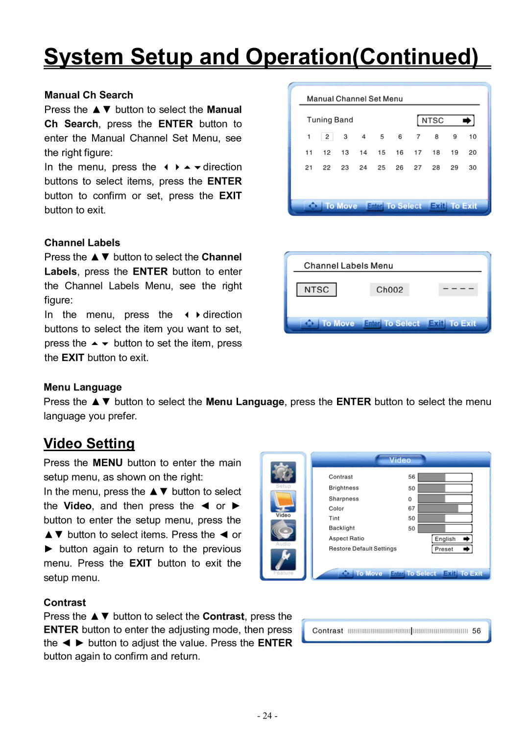 Audiovox FPE3206DV manual Video Setting, Manual Ch Search, Channel Labels, Menu Language, Contrast 