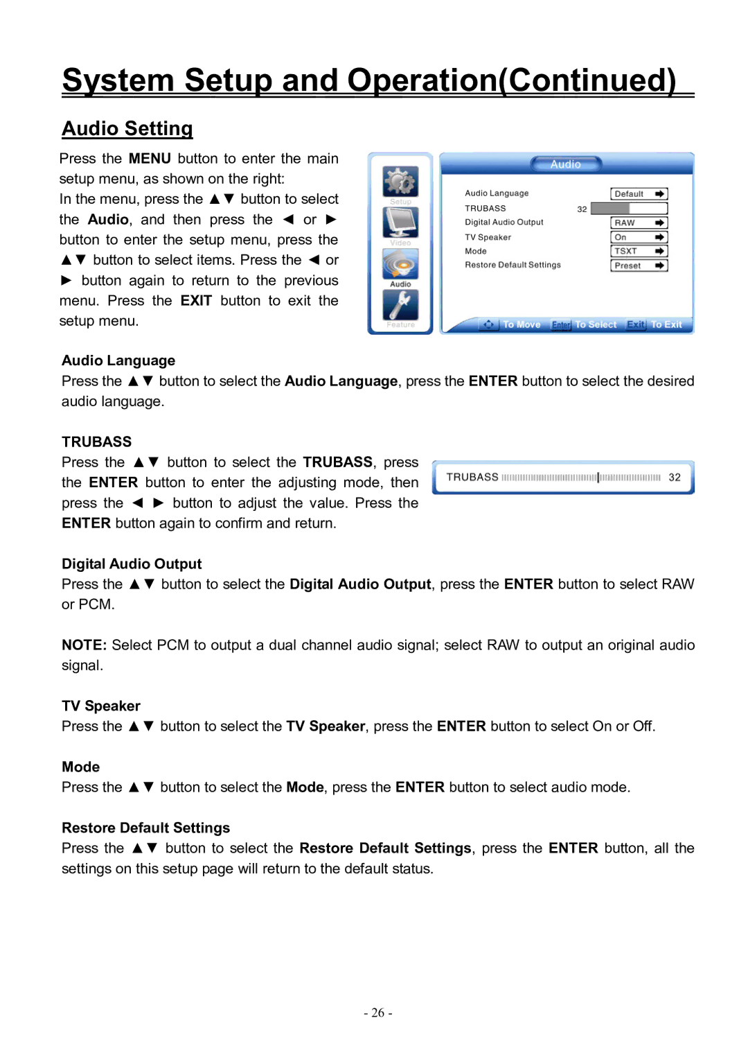 Audiovox FPE3206DV manual Audio Setting, Audio Language, Digital Audio Output, TV Speaker, Mode 