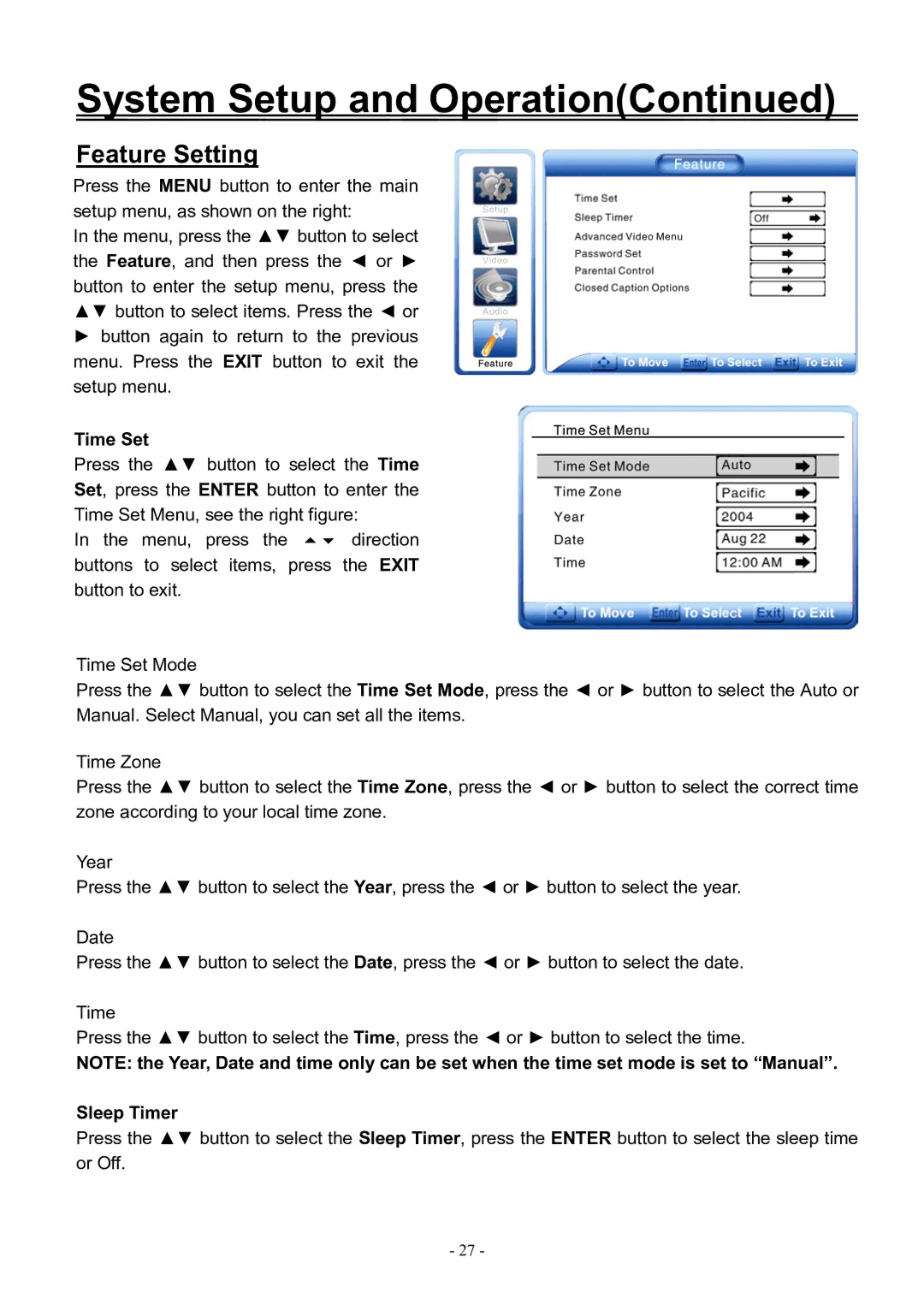 Audiovox FPE3206DV manual Feature Setting, Time Set, Sleep Timer 