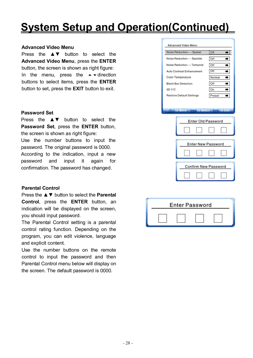 Audiovox FPE3206DV manual Advanced Video Menu, Password Set, Parental Control 