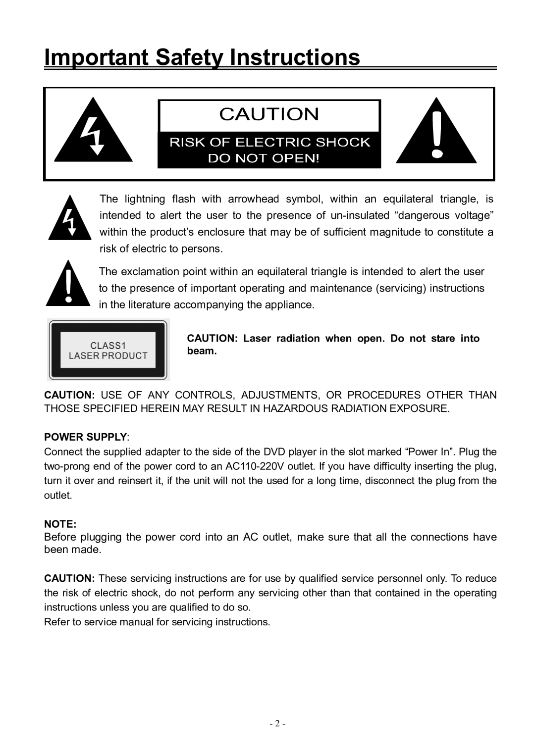 Audiovox FPE3206DV manual Important Safety Instructions, Power Supply 