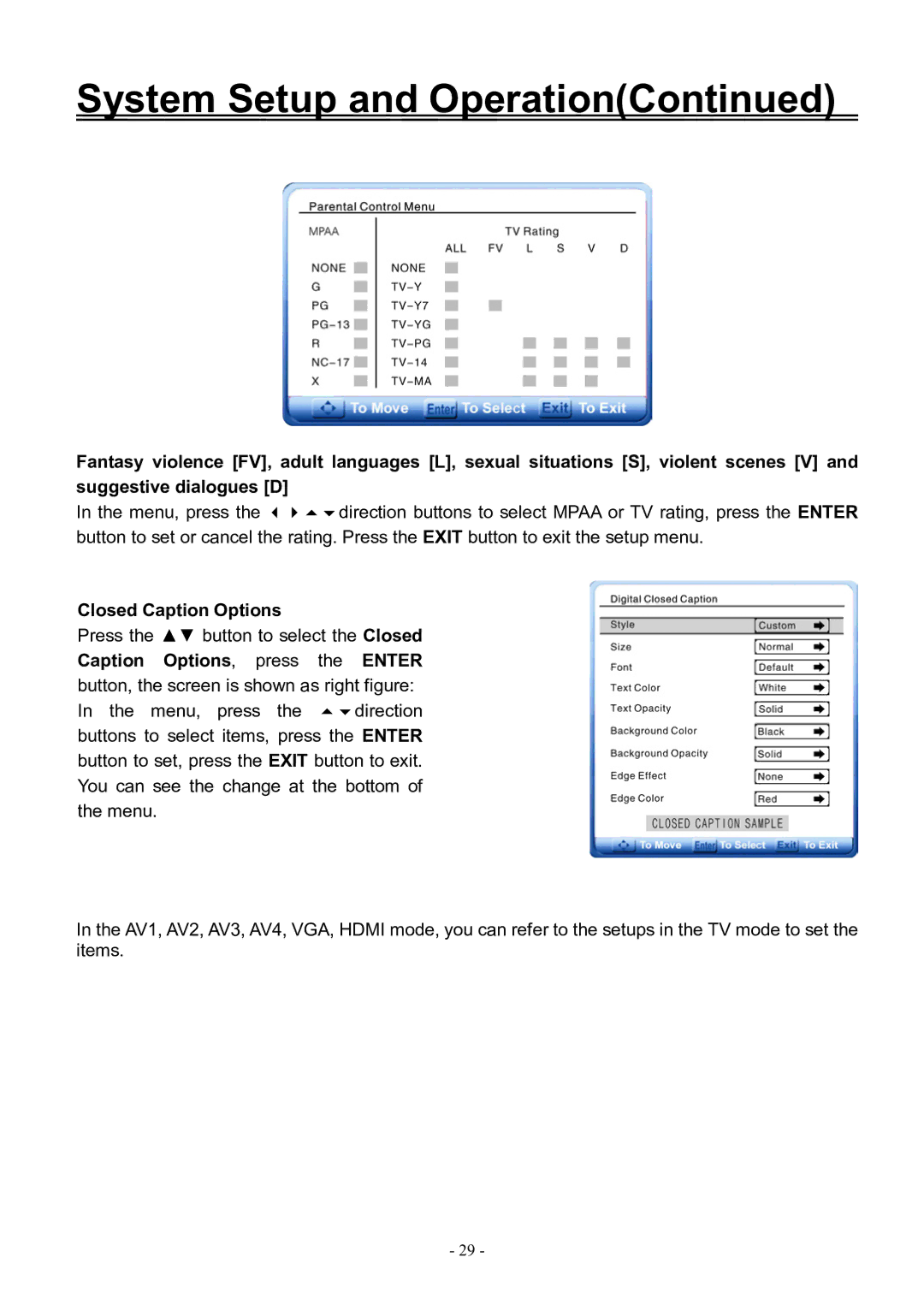 Audiovox FPE3206DV manual Closed Caption Options 