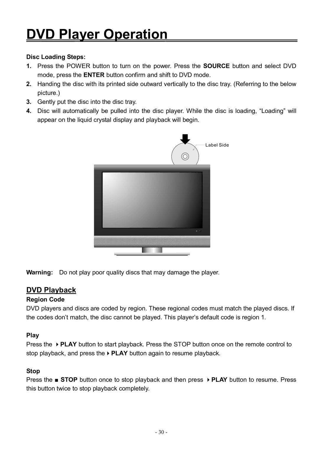 Audiovox FPE3206DV manual DVD Player Operation, Disc Loading Steps, Region Code, Stop 