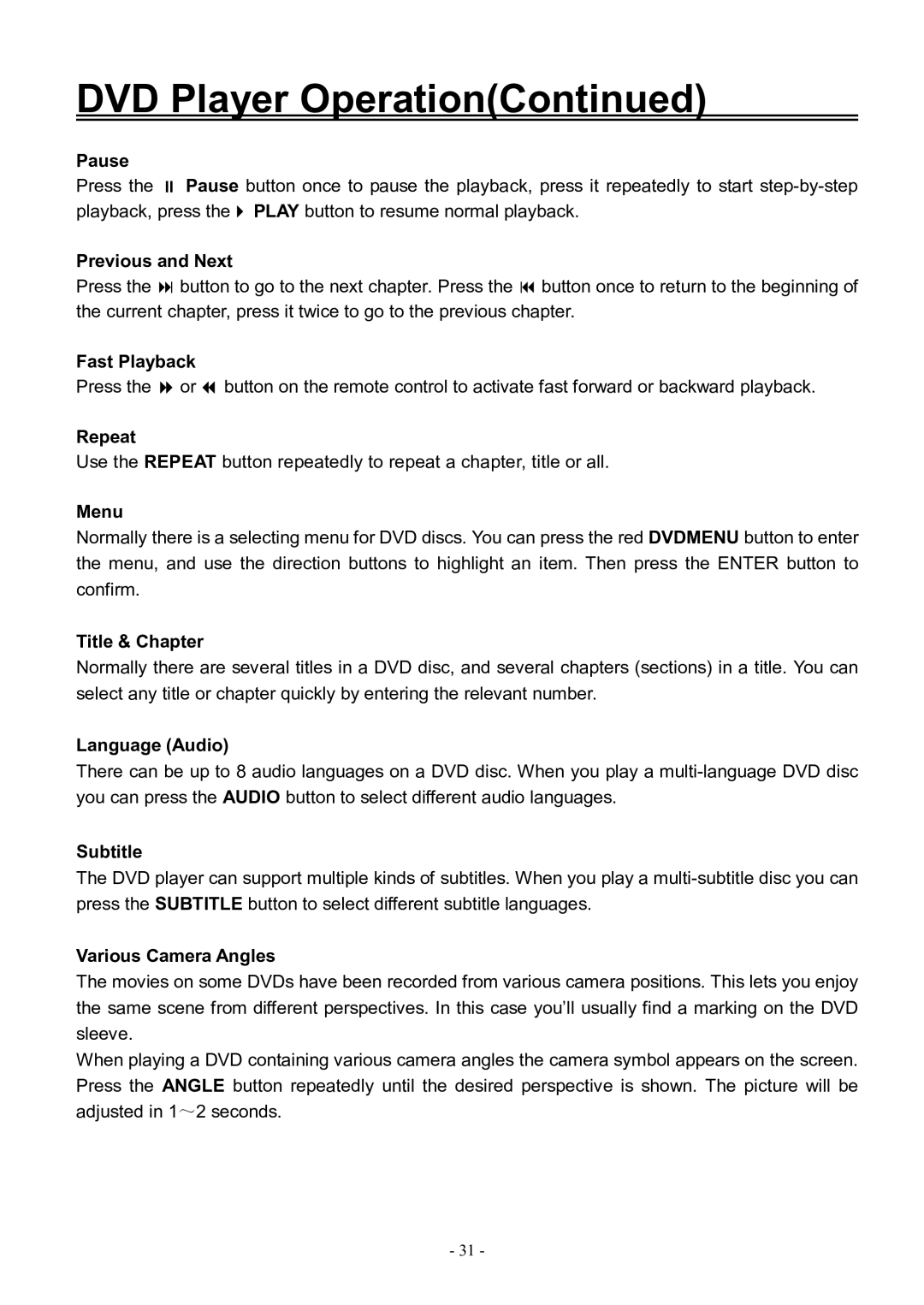 Audiovox FPE3206DV manual Pause, Previous and Next, Fast Playback, Repeat, Menu, Title & Chapter, Language Audio, Subtitle 