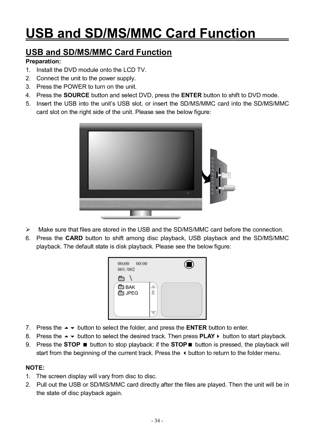 Audiovox FPE3206DV manual USB and SD/MS/MMC Card Function, Preparation 