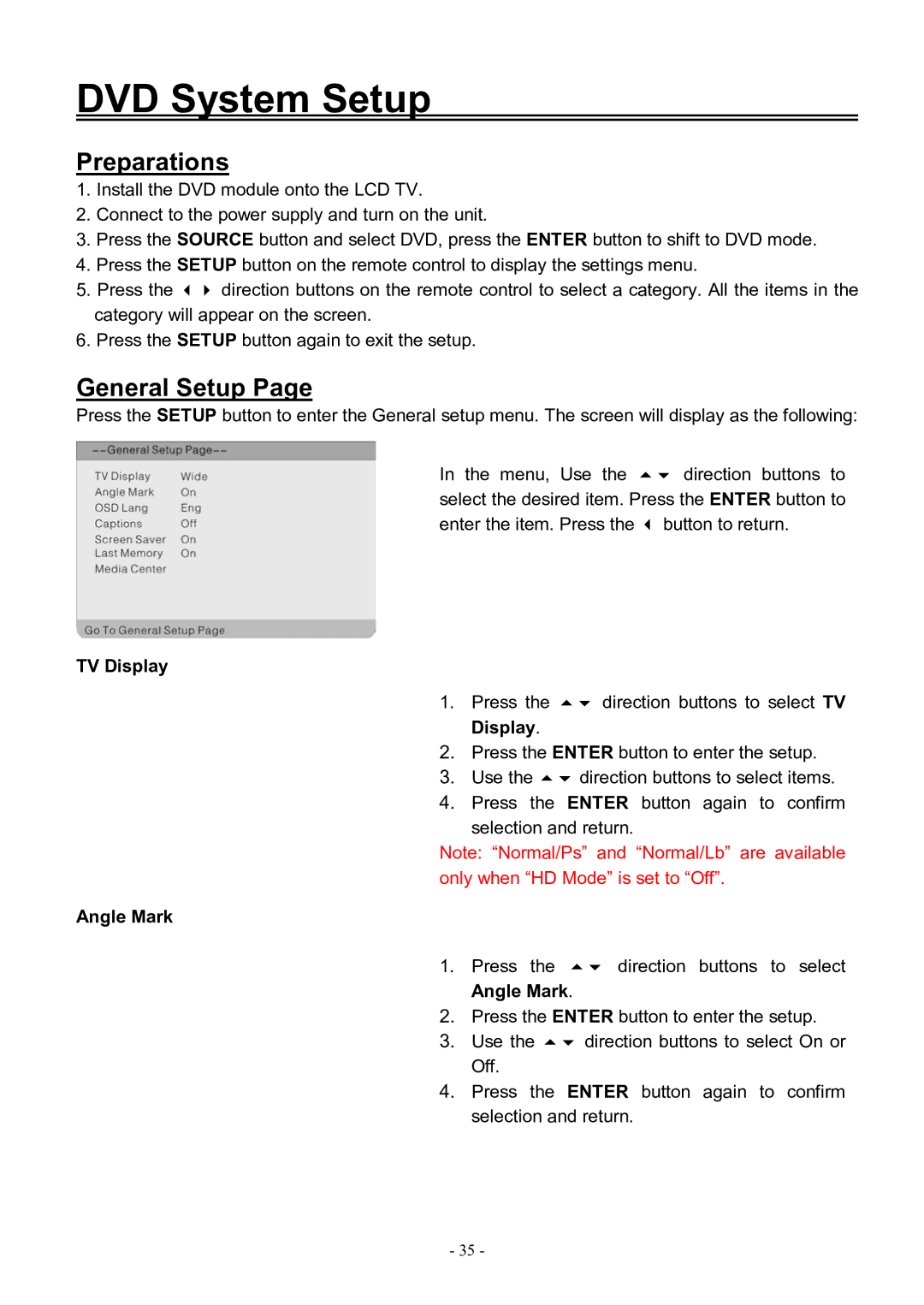 Audiovox FPE3206DV manual DVD System Setup, General Setup, TV Display, Angle Mark 