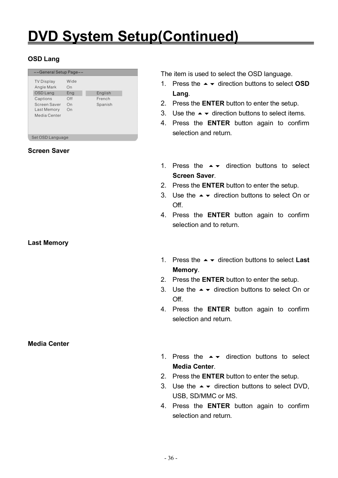 Audiovox FPE3206DV manual OSD Lang, Screen Saver, Last Memory, Media Center 