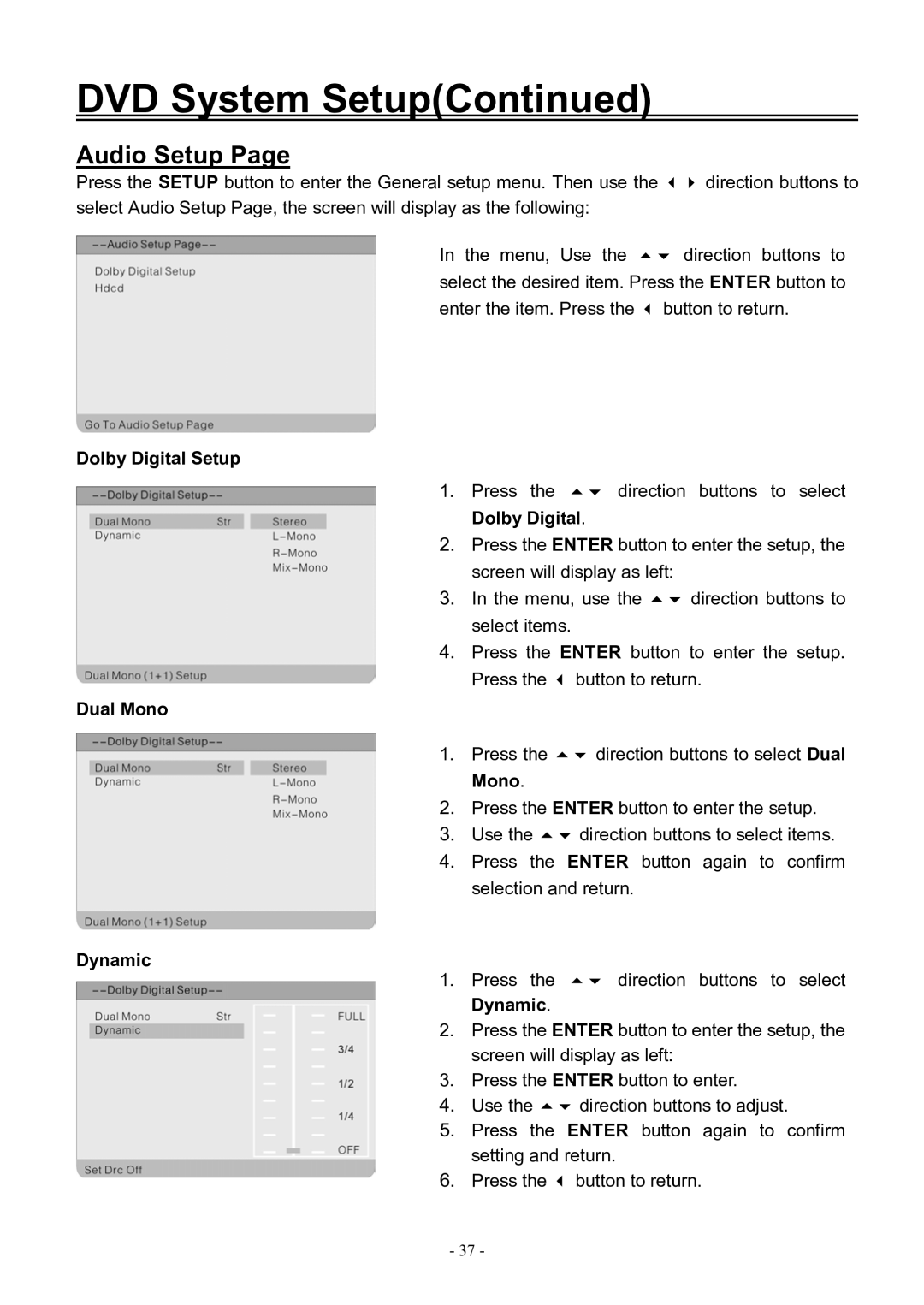 Audiovox FPE3206DV manual Audio Setup, Dolby Digital Setup, Dual Mono, Dynamic 