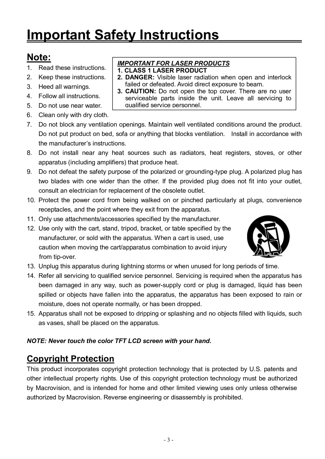 Audiovox FPE3206DV manual Copyright Protection, Important for Laser Products 