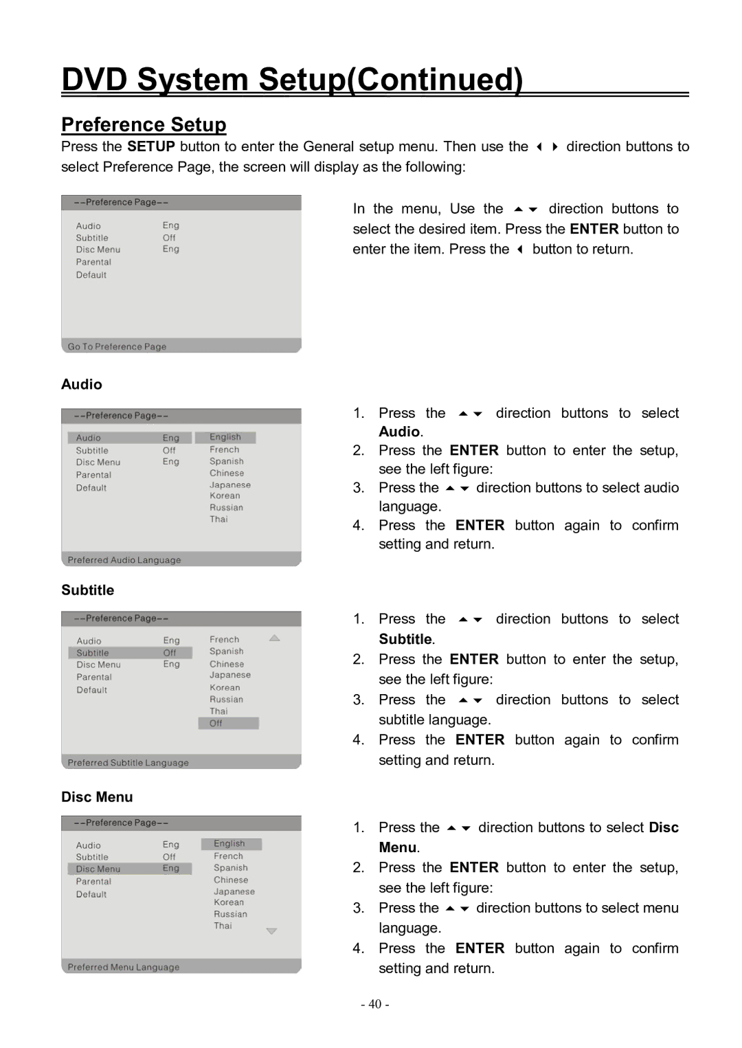 Audiovox FPE3206DV manual Preference Setup, Disc Menu 