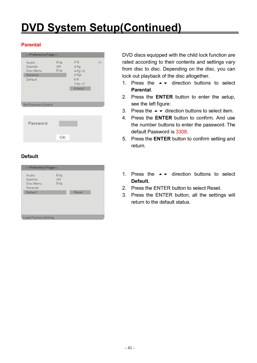 Audiovox FPE3206DV manual Parental, Default 