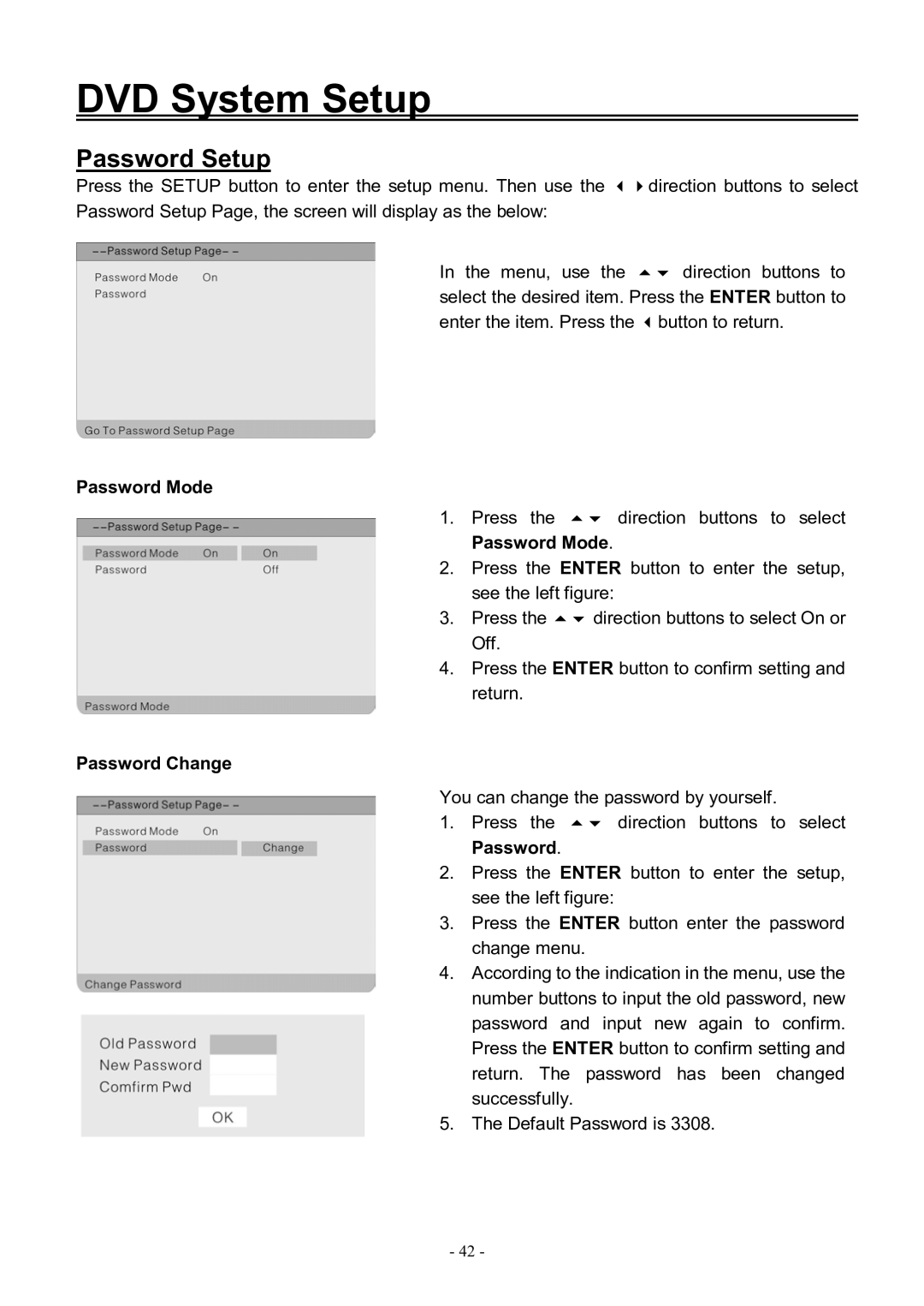 Audiovox FPE3206DV manual Password Setup, Password Mode, Password Change 