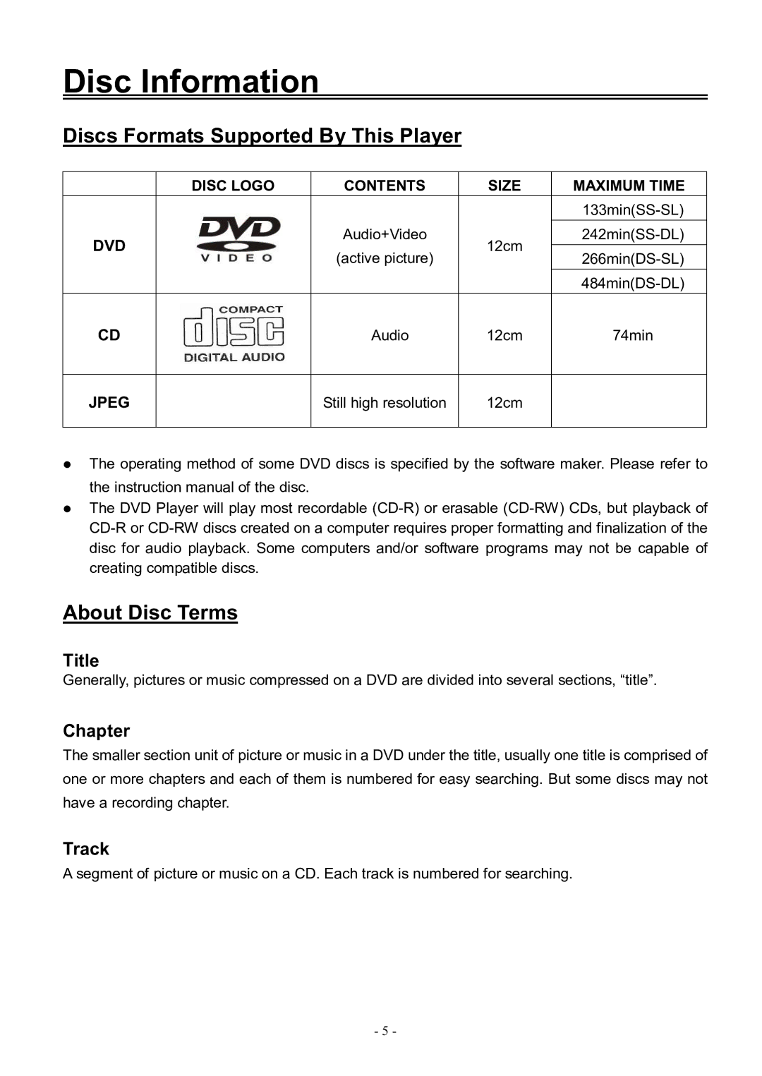 Audiovox FPE3206DV manual Disc Information, Discs Formats Supported By This Player, About Disc Terms 