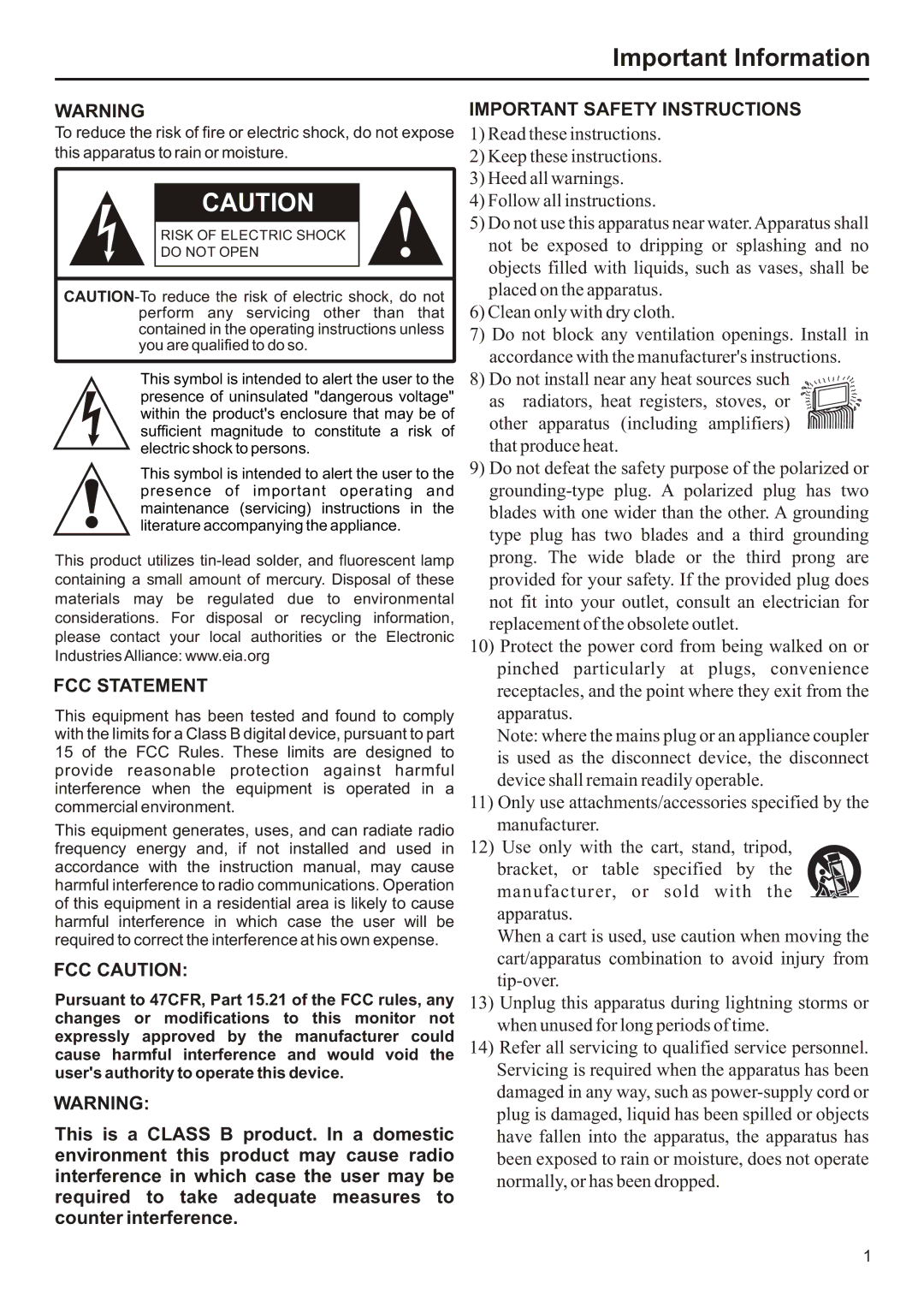 Audiovox FPE3207 operation manual Important Information, This apparatus to rain or moisture 