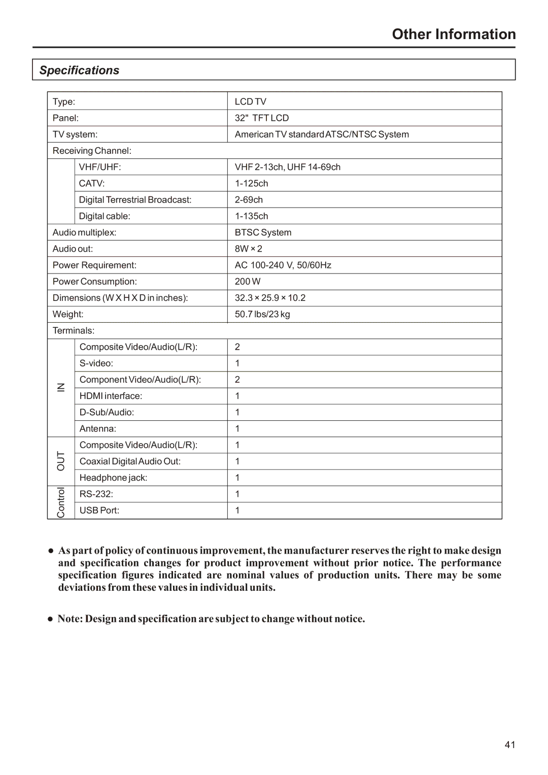 Audiovox FPE3207 operation manual Specifications, Catv 