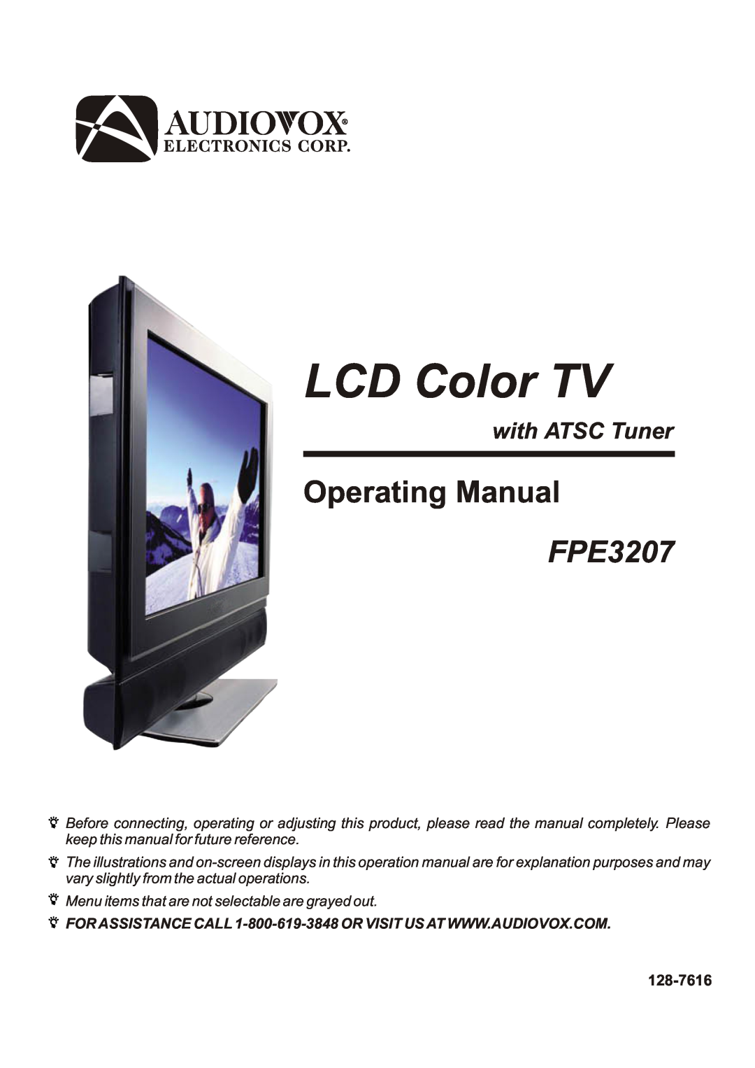 Audiovox FPE3207 operation manual LCD Color TV, Operating Manual, with ATSC Tuner 