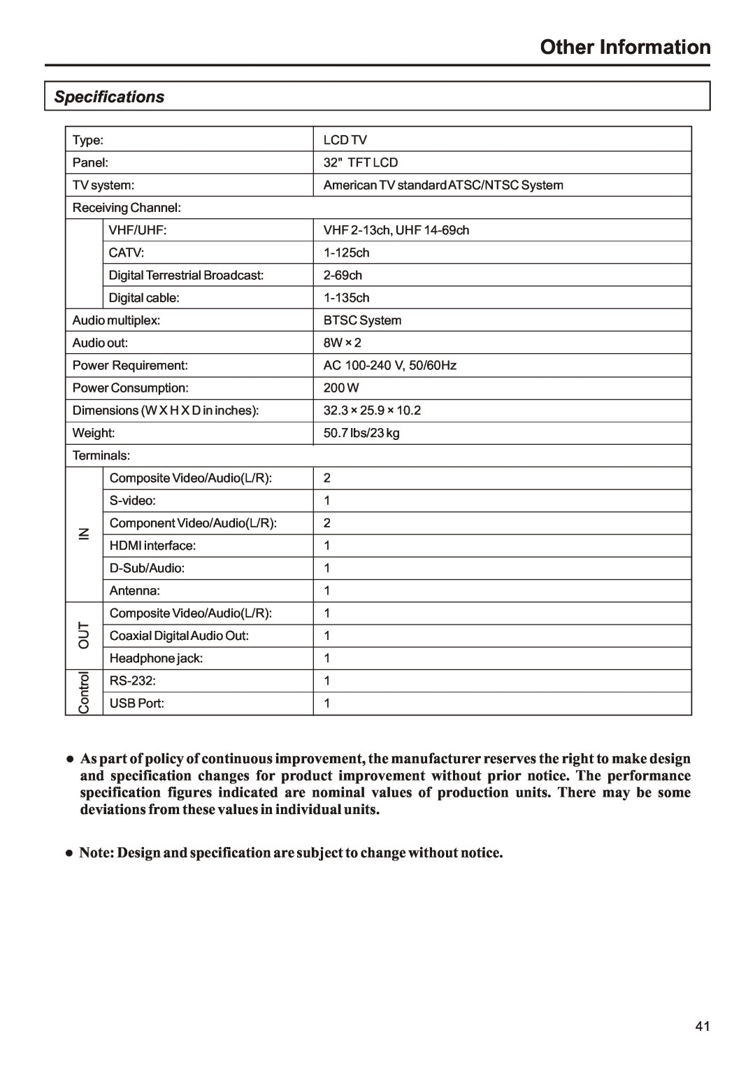 Audiovox FPE3207 operation manual Specifications, Other Information 