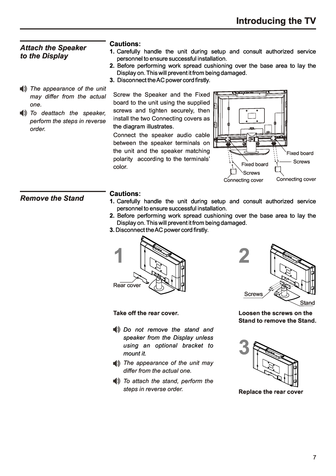 Audiovox FPE3207 operation manual Attach the Speaker to the Display, Remove the Stand, Cautions, Introducing the TV 
