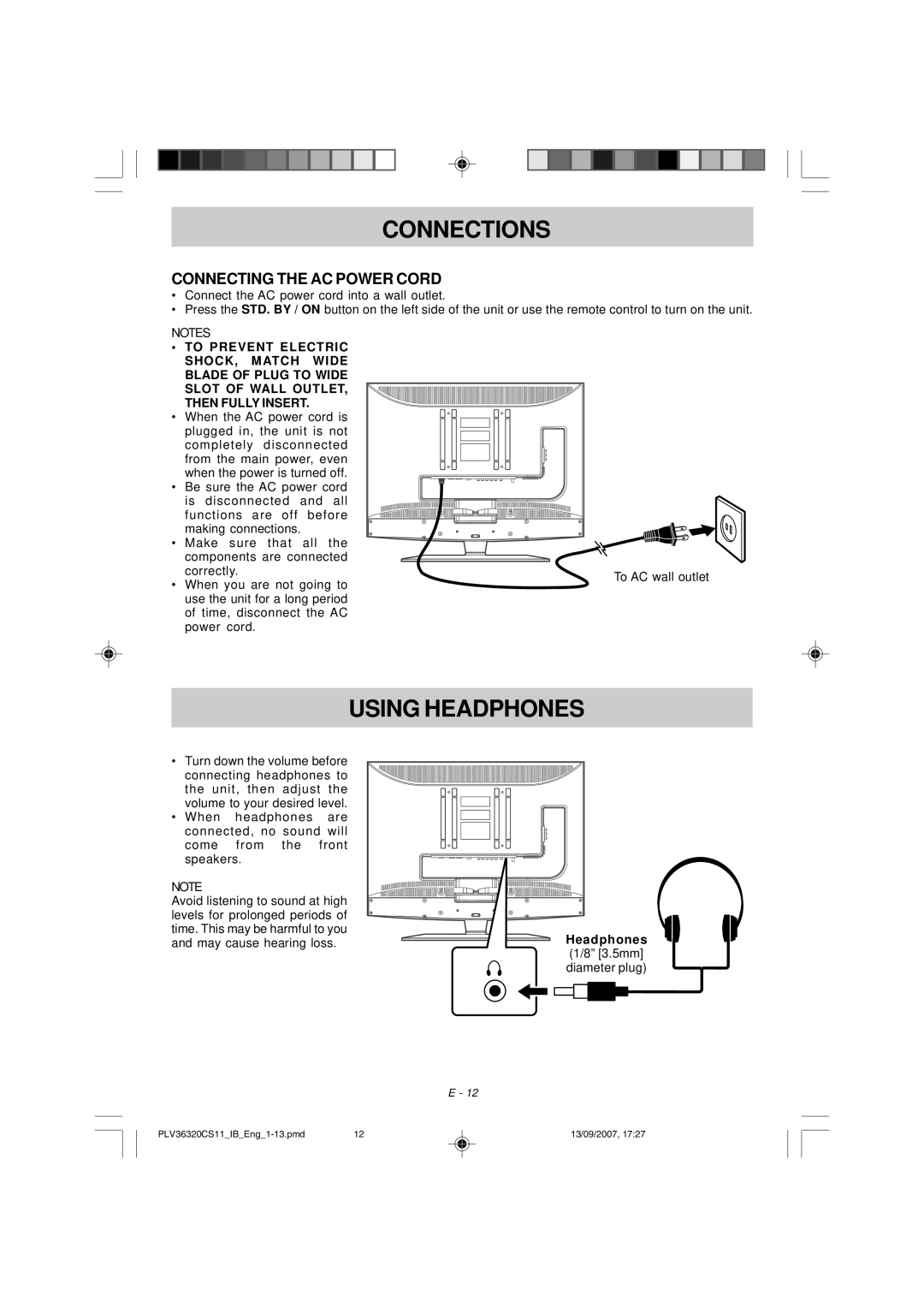 Audiovox FPE3208 manual Using Headphones, Connecting the AC Power Cord, Headphones 1/8 3.5mm diameter plug 