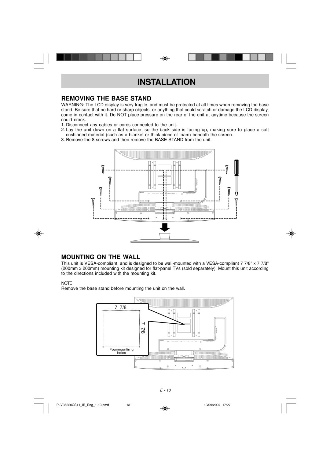 Audiovox FPE3208 manual Installation, Removing the Base Stand 