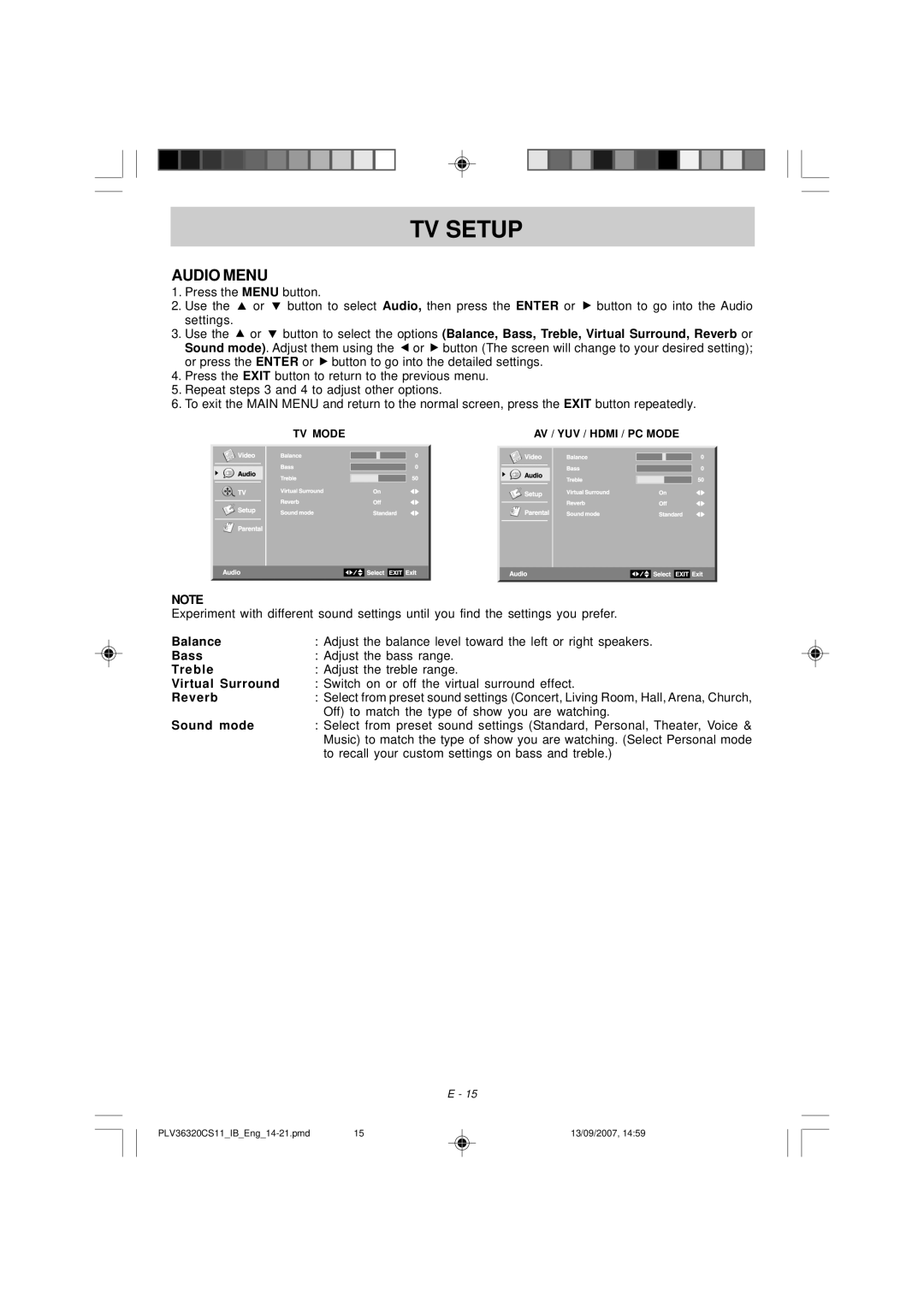 Audiovox FPE3208 manual Audio Menu 