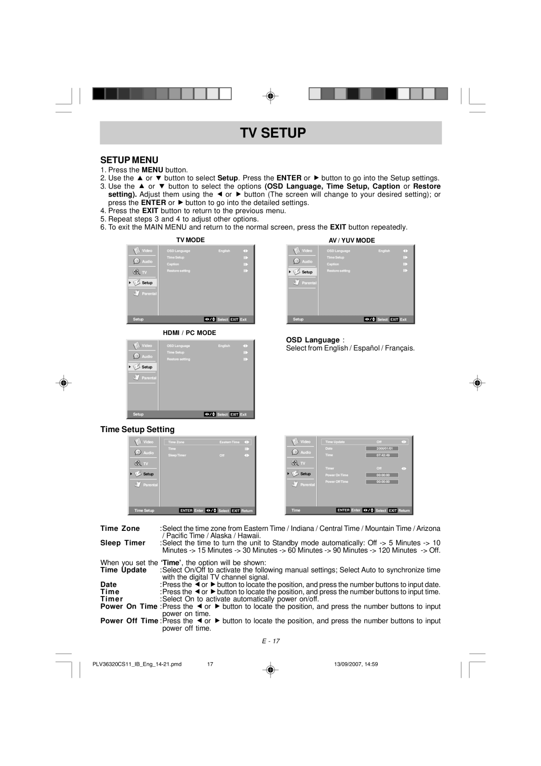 Audiovox FPE3208 manual Setup Menu, Time Setup Setting 