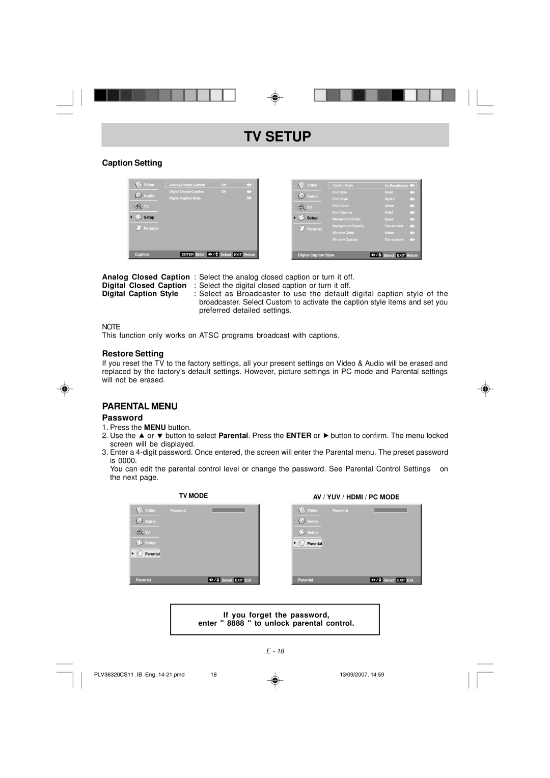 Audiovox FPE3208 manual Parental Menu, Caption Setting, Restore Setting, Password 