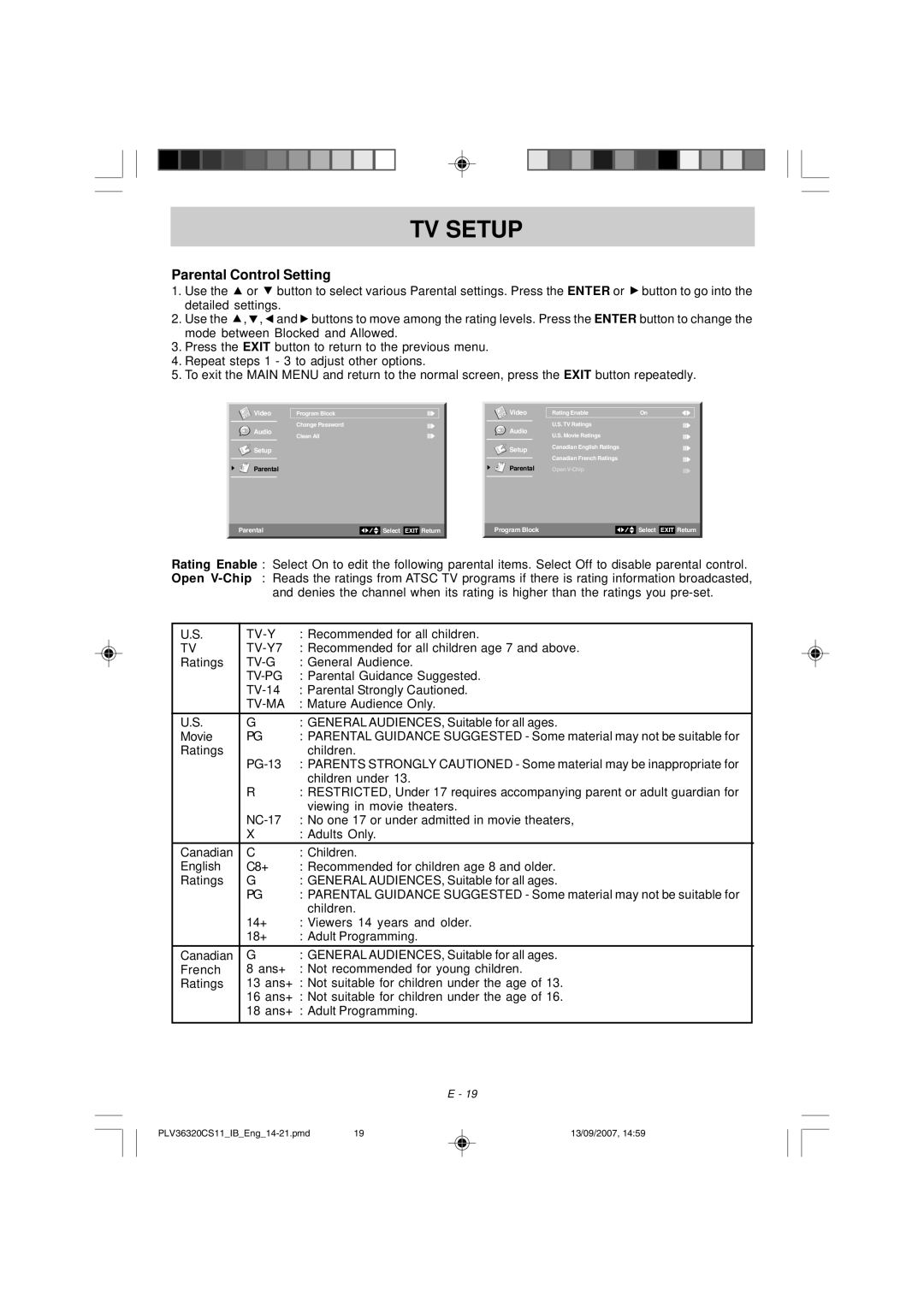 Audiovox FPE3208 manual Parental Control Setting, Tv-Ma 