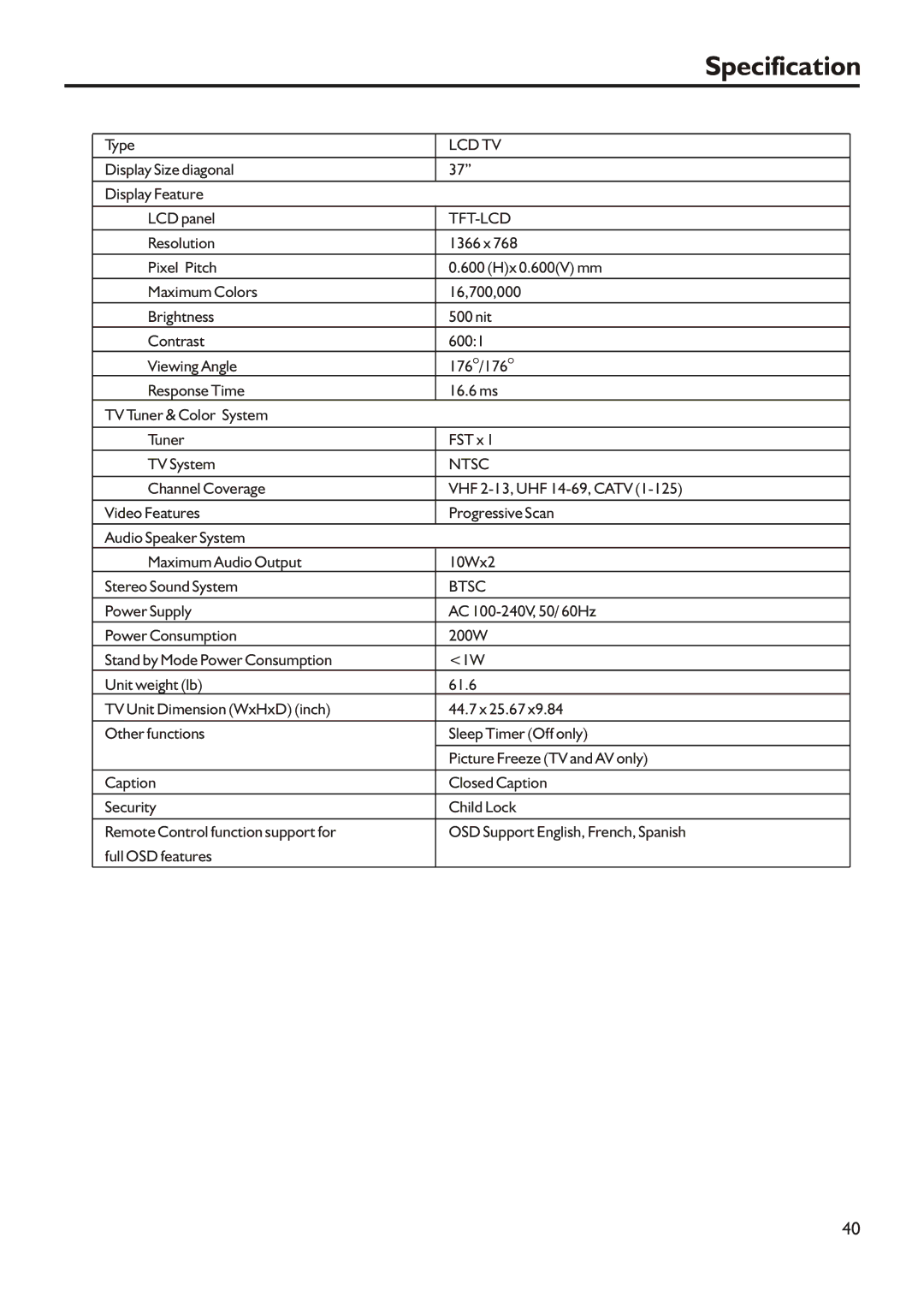 Audiovox FPE3705 manual Specification, Type, Display Size diagonal Display Feature LCD panel 