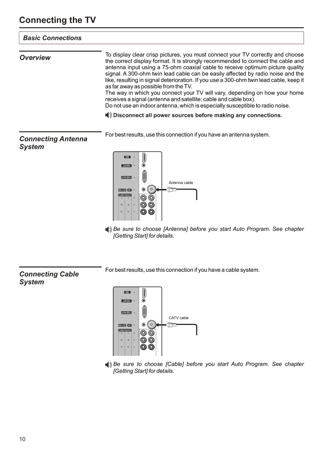 Audiovox FPE3706 operation manual Connecting the TV, Overview Connecting Antenna System, Connecting Cable System 