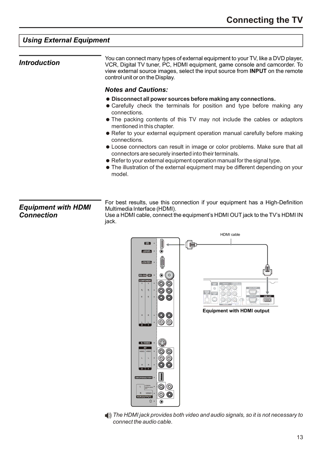 Audiovox FPE3706 operation manual Using External Equipment, Equipment with Hdmi Connection 