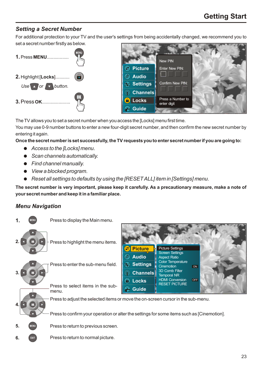 Audiovox FPE3706 operation manual Setting a Secret Number, Menu Navigation 