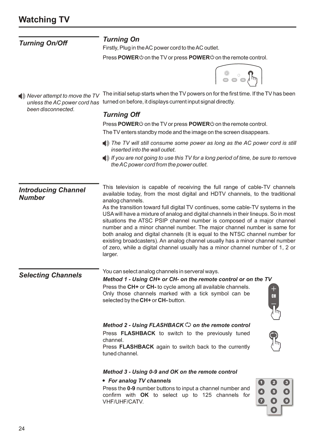 Audiovox FPE3706 Watching TV, Turning On/Off, Introducing Channel Number Selecting Channels Turning On, Turning Off 