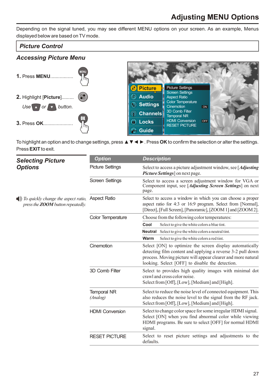 Audiovox FPE3706 Adjusting Menu Options, Picture Control Accessing Picture Menu, Selecting Picture, Option Description 