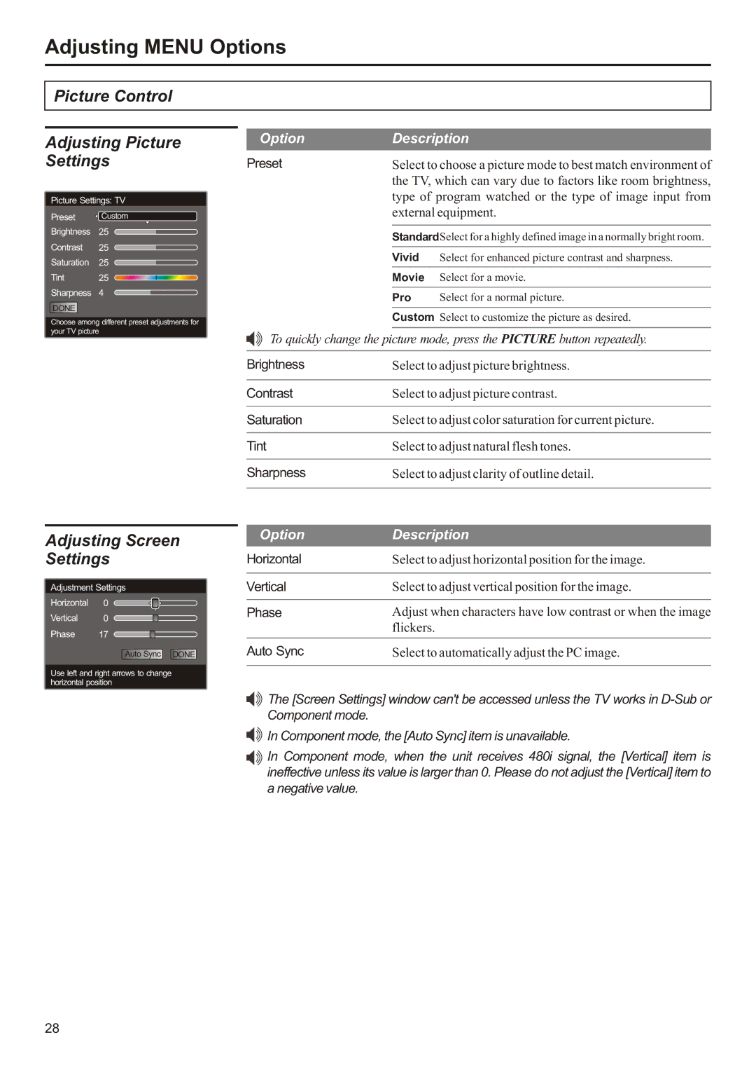 Audiovox FPE3706 operation manual Picture Control Adjusting Picture, Adjusting Screen Settings, Option 