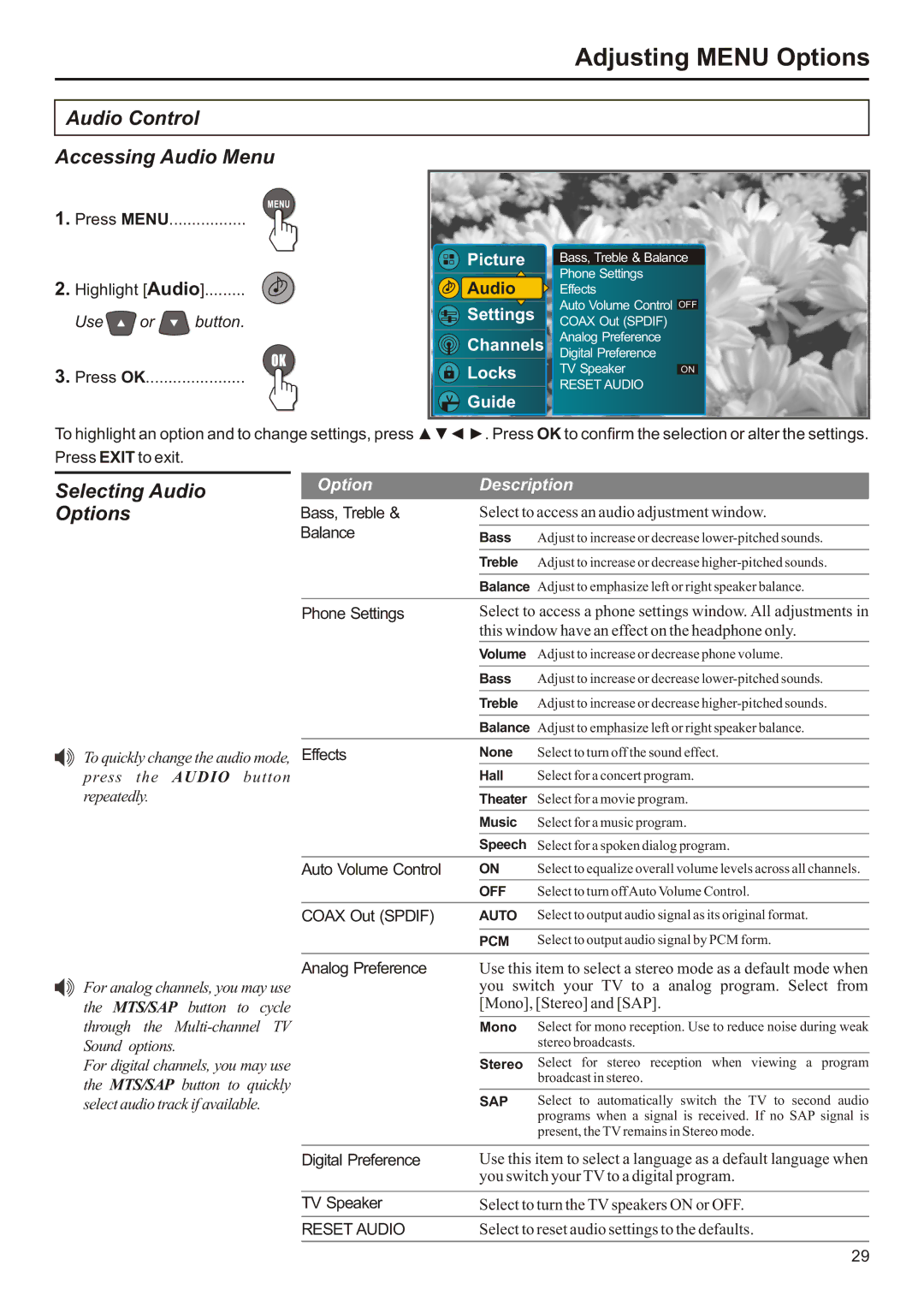 Audiovox FPE3706 operation manual Audio Control Accessing Audio Menu, Selecting Audio 