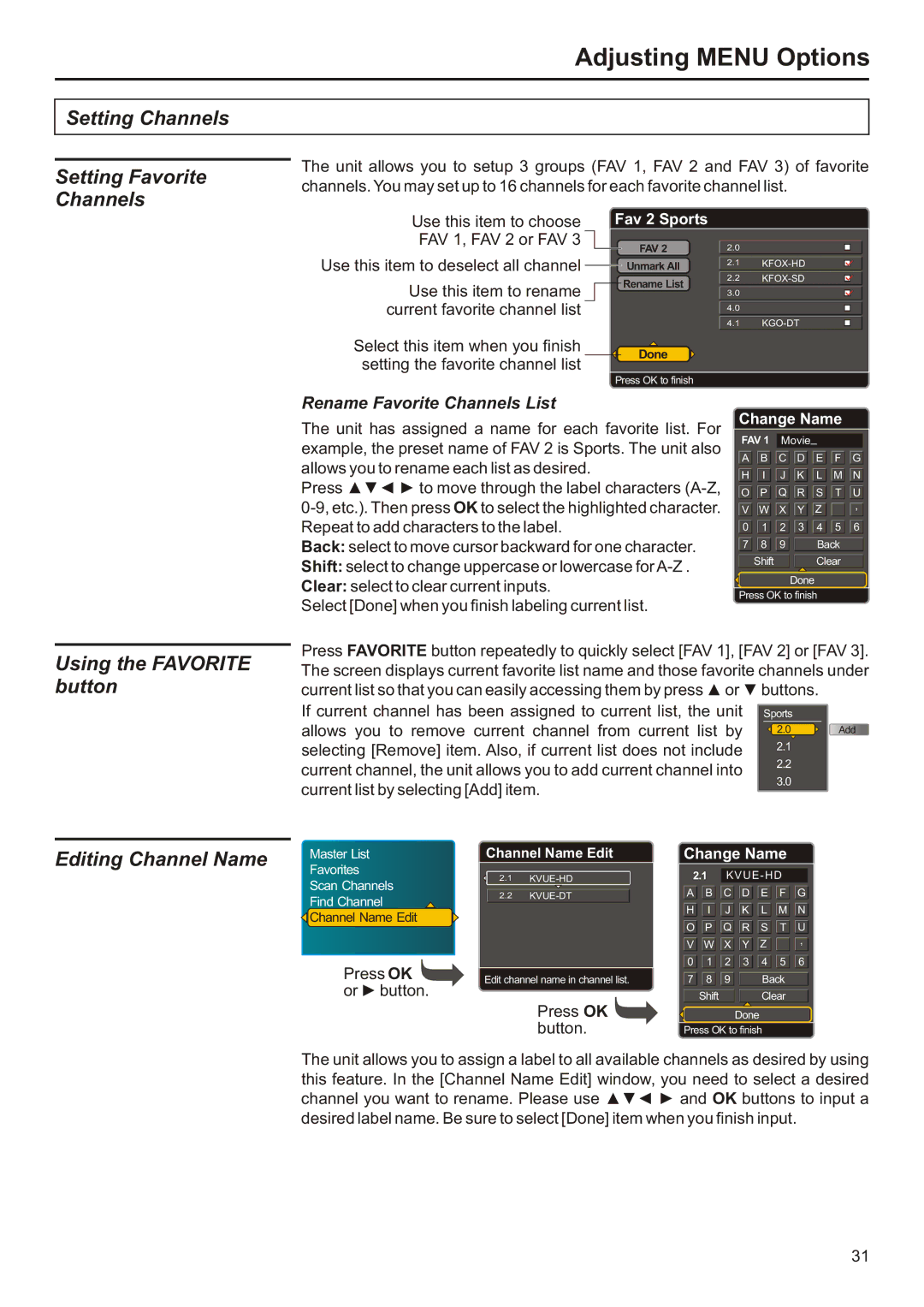 Audiovox FPE3706 Setting Channels Setting Favorite Channels, Using the Favorite button, Editing Channel Name 