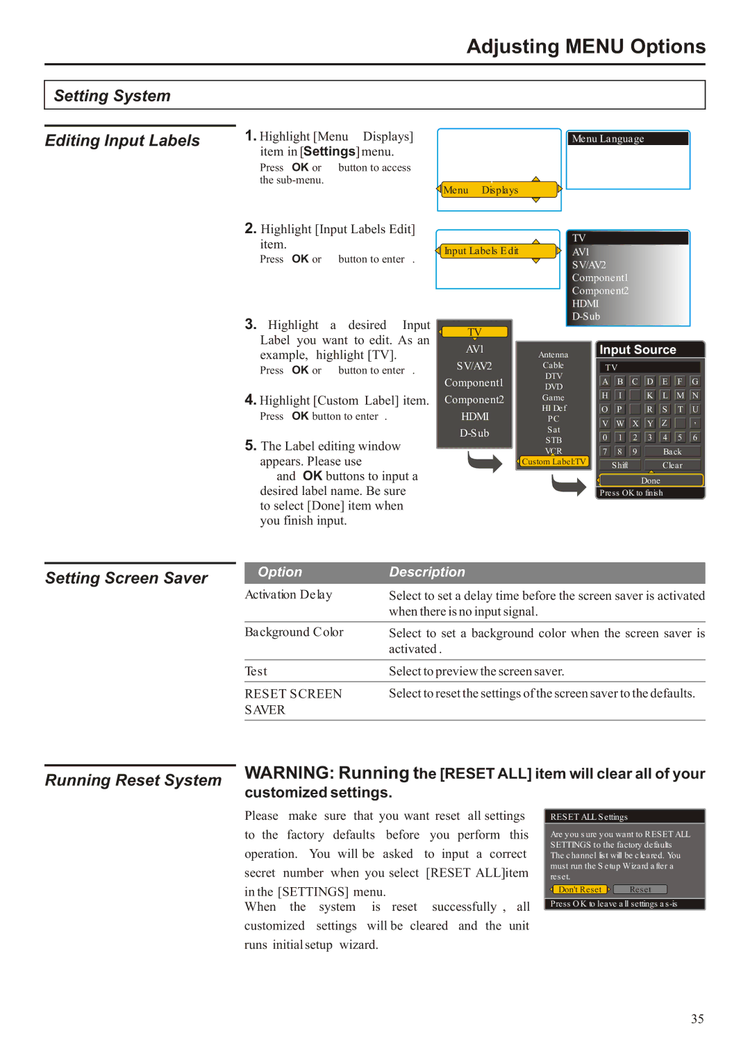 Audiovox FPE3706 operation manual Setting System Editing Input Labels, Setting Screen Saver, Running Reset System 