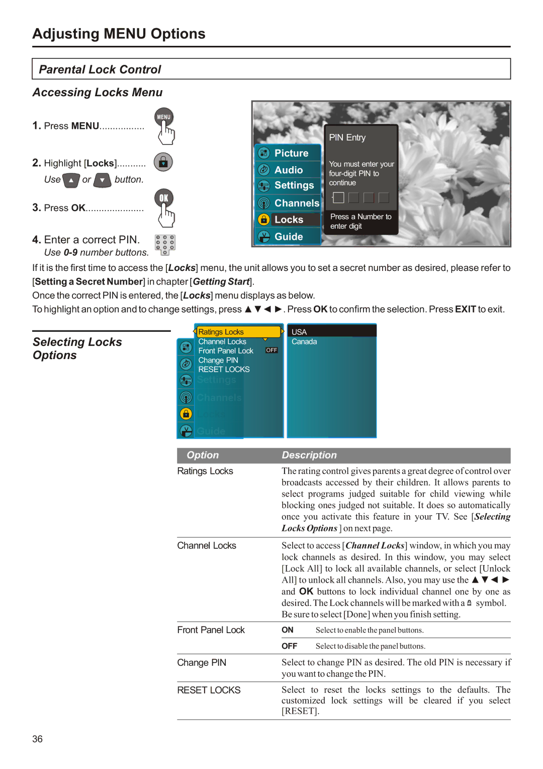 Audiovox FPE3706 operation manual Parental Lock Control Accessing Locks Menu, Selecting Locks Options 